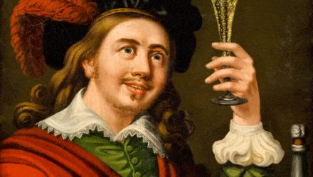 A painting of a man holding a champagne glass