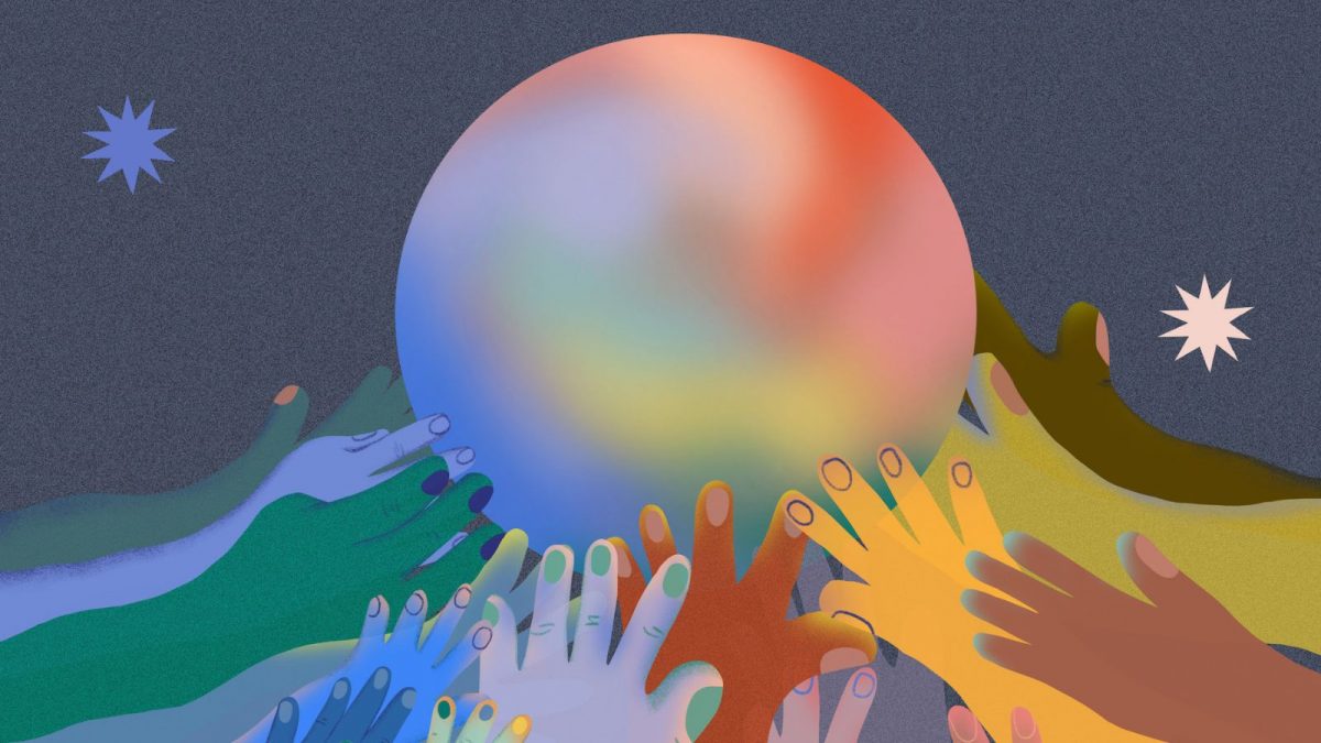 一幅插图，展示了许多不同颜色的人的手一起举起一个发光的、五颜六色的球。