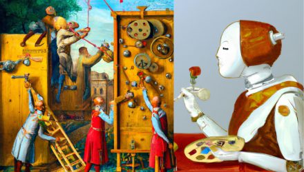 并排两个图像生成的人工智能:左边:明亮多彩的绘画风格的波希显示模糊的人物爬上,参加一个木制Medieval-looking小题大作的装置包括车轮、杠杆和球体。右边:一个白色的机器人一看浓度的脸,穿着一个红色的帽子和长袍,拿着画家的调色板,油画框之外的刷子,一个抽象的花朵成长的句柄。