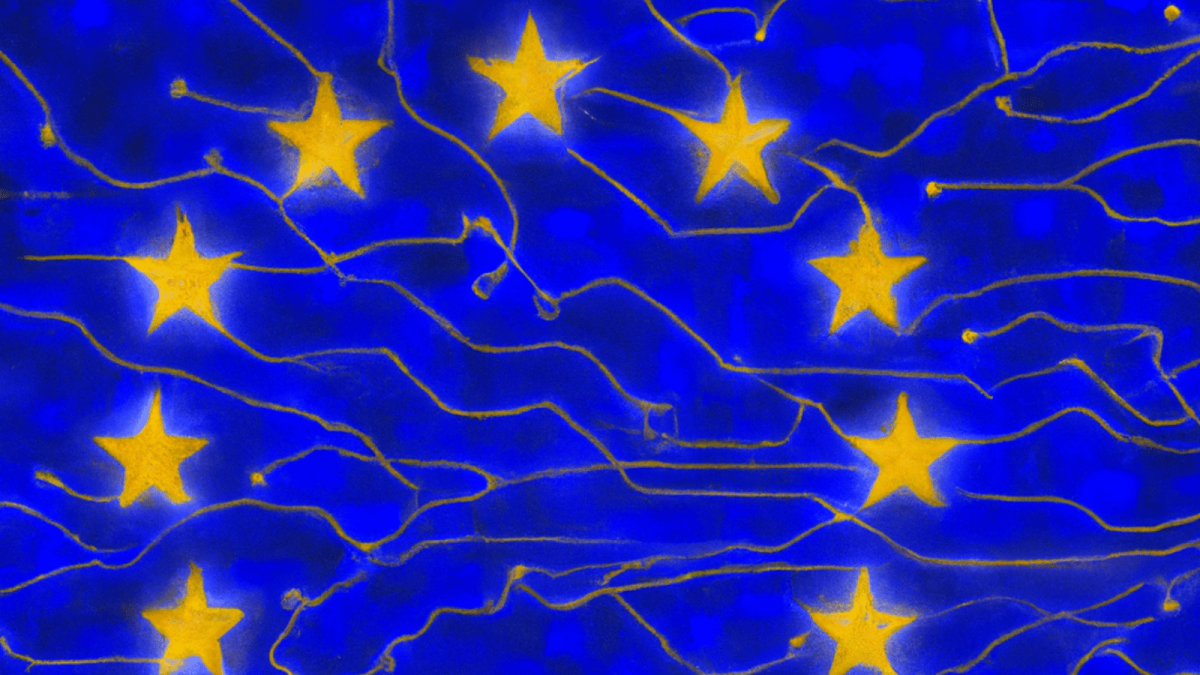 一个抽象的欧盟旗帜，在深蓝色斑驳的背景上，由金色的神经通路连接着扩散的金色星星。
