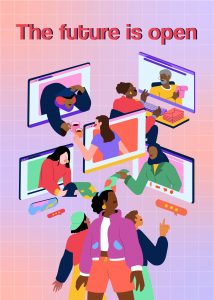 这幅插图描绘了不同的人从电脑屏幕上探出身子，相互协作和分享，另一群人饶有兴趣地看着，所有这些都在粉红色的背景上，上面写着:未来是开放的。