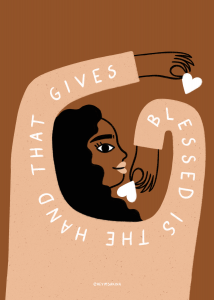 这是一幅棕色背景的插图，画的是一个面带微笑的黑发人，手里拿着一颗白色的心，弯曲的手臂上写着“给予的手是有福的”。