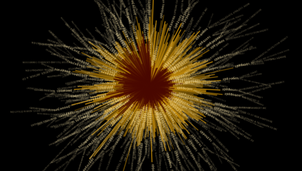 数据可视化的细节，显示数字日期和不同长度的金色和烧焦的土黄色条，表示从放射状图的中心发出的值，最终看起来像星爆。