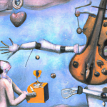 这是一幅由DALL-E - 2人工智能平台生成的略带蓝色的超现实主义绘画，画面中，一个灰色的小人儿拿着礼物递给一个手臂伸出、头像大提琴一样的大机器人。