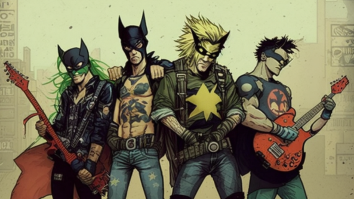 说明四个超级英雄,戴着面具,朋克服装和两个拿着吉他,站在一个洗出城市。