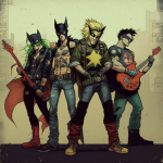 四个超级英雄的插图，戴着面具，穿着朋克服装，两个拿着吉他，站在被洗掉的城市景观中。