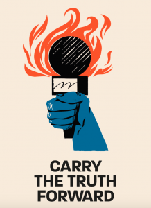 一个蓝色的人的手拿着一个黑色的麦克风，它像火炬一样燃烧，上面写着“携带真相向前”。