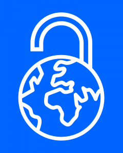 一个白色的开放气候文化图标在明亮的蓝色背景上:一个风格化的开放式挂锁，其主体是一个带有大陆轮廓的地球仪。