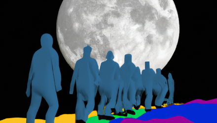 人工智能生成图像的一群个体的人类在所有不同的颜色在三维空间中走在月球表面